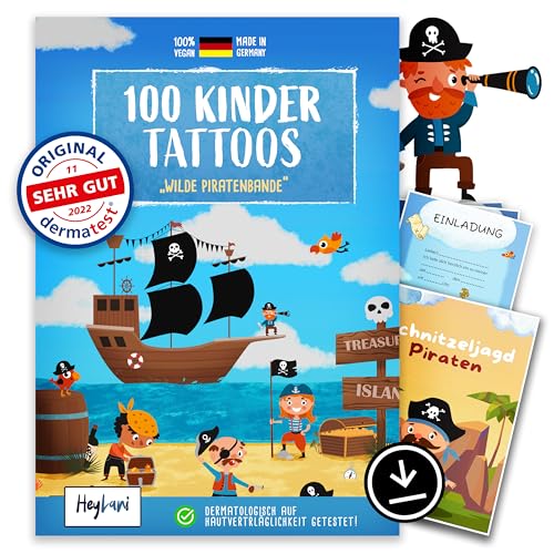 HeyLani® 100 Hautfreundliche Kindertattoos - "SEHR GUT" Dermatologisch Bewertet - Perfektes Kindergeschenk für Geburtstage - Klebe-Tattoos - Piraten-Motive - 6 Kinder Tattoo Sets von HeyLani