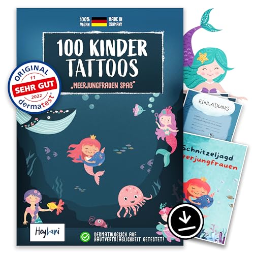 HeyLani® 100 Hautfreundliche Kindertattoos - "SEHR GUT" Dermatologisch Bewertet - Perfektes Kindergeschenk für Geburtstage - Klebe-Tattoos - Meerjungfrauen-Motive - 6 Kinder Tattoo Sets von HeyLani