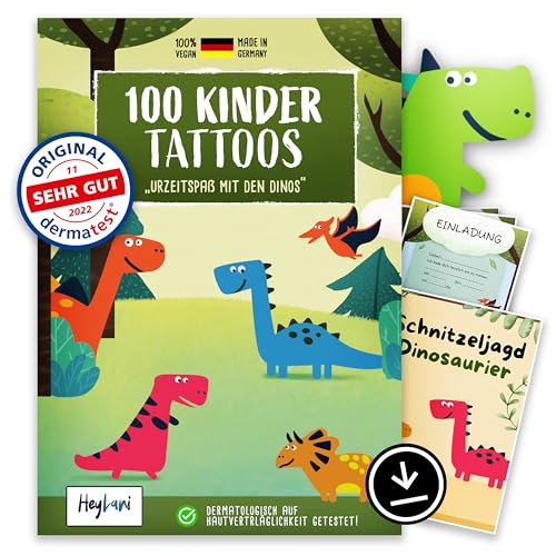 HeyLani® 100 Hautfreundliche Kindertattoos - "SEHR GUT" Dermatologisch Bewertet - Perfektes Kindergeschenk für Geburtstage - Klebe-Tattoos - Dino-Motive für Jungen - 6 Kinder Tattoo Sets von HeyLani