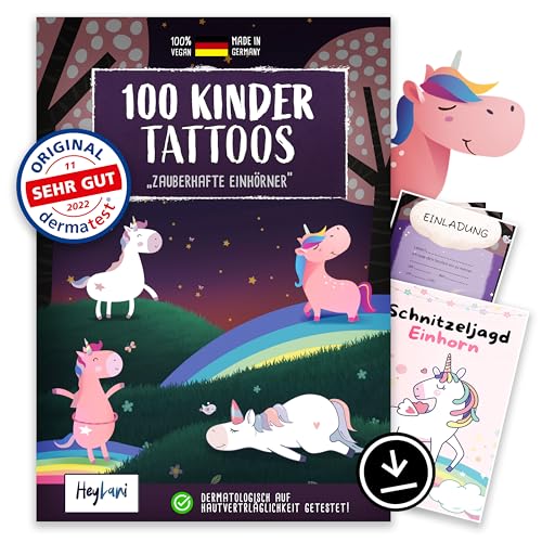 HeyLani® 100 Hautfreundliche Kindertattoos - "SEHR GUT" Dermatologisch Bewertet - Perfektes Kindergeschenk für Geburtstage - Klebe-Tattoos - Einhorn-Motive - 6 Kinder Tattoo Sets von HeyLani