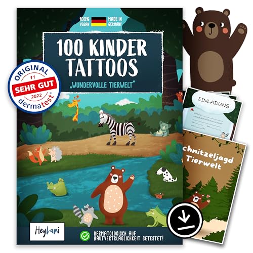 HeyLani® 100 Hautfreundliche Kindertattoos - "SEHR GUT" Dermatologisch Bewertet - Perfektes Kindergeschenk für Geburtstage - Klebe-Tattoos - Tier-Motive - 6 Kinder Tattoo Sets von HeyLani