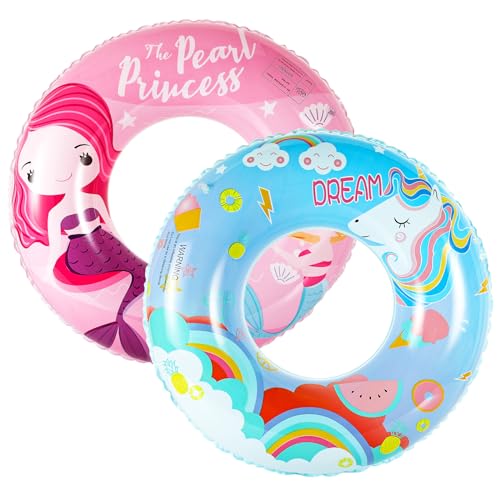 HeySplash 2pcs Aufblasbar Schwimmring, 90 cm Meerjungfrau Einhorn Muster Schwimmreifen Luftmatratze Faltbar Schwimmhilfe Sommer Wasserspielzeug Schwimmer für Erwachsene & Kinder Pool See, Rosa Blau von HeySplash