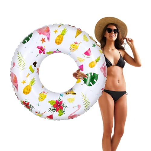 HeySplash Cartoon Schwimmring, Aufblasbar Haltbar Runde Schwimmreifen Flamingo Sommer Pool Beach Party Lounge Floßrohr Spielzeug mit Reparatursatz für Erwachsene 80 cm Durchmesser, Weiß+Gelb von HeySplash