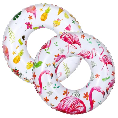 HeySplash Cartoon Schwimmring, Aufblasbar Haltbar Runde Schwimmreifen Flamingo Sommer Pool Beach Party Lounge Floßrohr Spielzeug mit Reparatursatz für Erwachsene 80 cm Durchmesser, Weiß+Rosa/Gelb von HeySplash