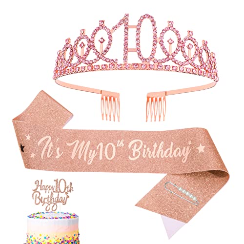 Heyu-Lotus 10.Geburtstagsschärpe und Geburtstagskrone Krone Tiara It's My 10th Birthday Schärpe Geburtstag Cupcake Topper für 10 Jahre Mädchen Geburtstagsgeschenk Geburtstag Deko (10th) von Heyu-Lotus