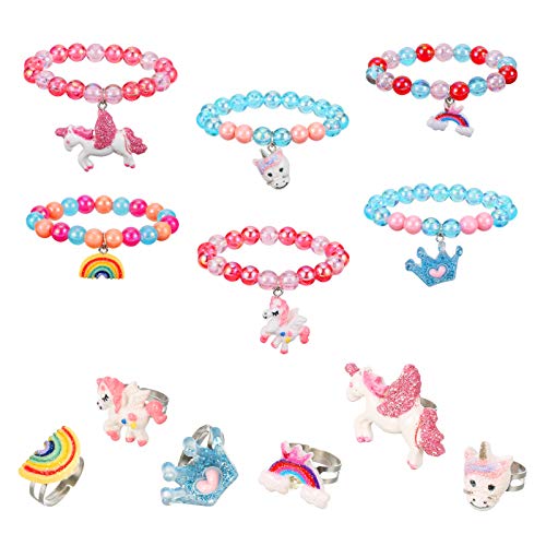 Heyu-Lotus 12 Stück Kinder Einhorn Armband Ring Set, Mädchen Schmuck Perlen Armband mit bunten verstellbaren Ringen, Freundschaftsschmuck für Geburtstagsfeier Gefälligkeiten von Heyu-Lotus