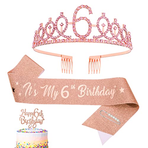 Heyu-Lotus 6.Geburtstagskrone und Geburtstagsschärpe Krone Tiara It's My 6th Birthday Schärpe Geburtstag Cupcake Topper für 6 Jahre Mädchen Geburtstagsgeschenk Geburtstag Deko (6th) von Heyu-Lotus