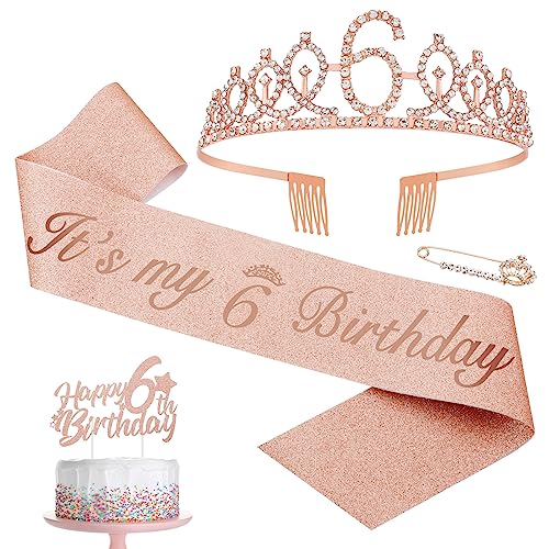 Heyu-Lotus 6.Geburtstagsschärpe und Geburtstagskrone Krone Tiara It's My 6th Birthday Schärpe Geburtstag Cupcake Topper für 6 Jahre Mädchen Geburtstagsgeschenk Geburtstag Deko von Heyu-Lotus