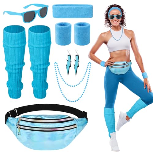 Heyu-Lotus 80er Jahre Outfit Damen, 90er Jahre Kostüm Kleidung Accessoires mit Bauchtasche, Stirnband, Beinwärmer, Armbänder, Brille und Ohrring für Karneval Neon Party?Blau? von Heyu-Lotus