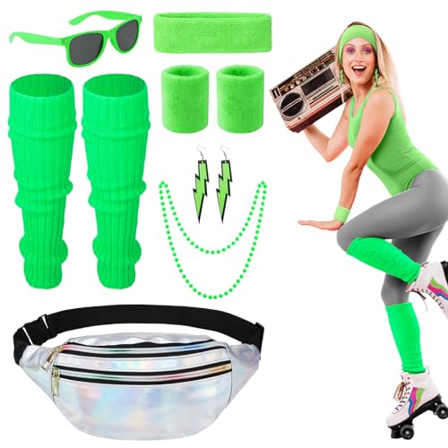 Heyu-Lotus 80er Jahre Outfit Damen, 90er Jahre Kostüm Kleidung Accessoires mit Bauchtasche, Stirnband, Beinwärmer, Armbänder, Brille und Ohrring für Karneval Neon Party?Grüner? von Heyu-Lotus