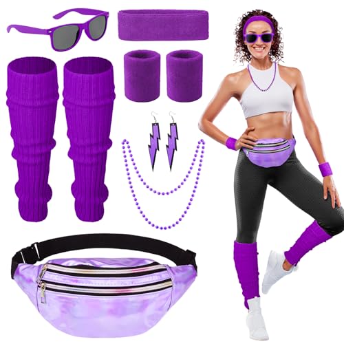 Heyu-Lotus 80er Jahre Outfit Damen, 90er Jahre Kostüm Kleidung Accessoires mit Bauchtasche, Stirnband, Beinwärmer, Armbänder, Brille und Ohrring für Karneval Neon Party?Violett? von Heyu-Lotus