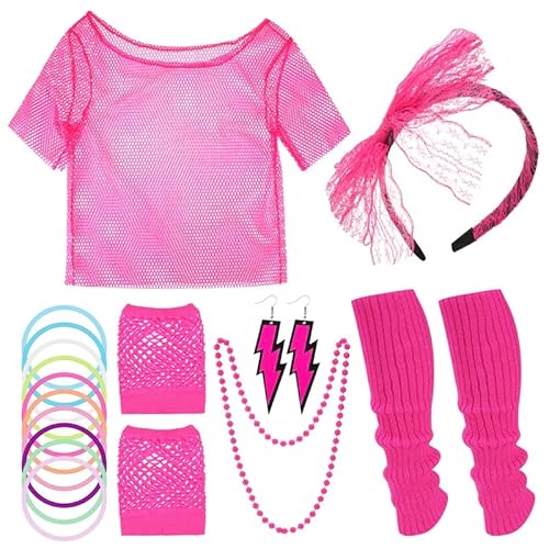 Heyu-Lotus 80er Jahre Outfit Damen,Damen 80 Jahre Kostüm Zubehör Set,80er Neon Netz Shirt,Mottoparty 80er Jahre Outfit,80er Jahre Accessoires für Party von Heyu-Lotus