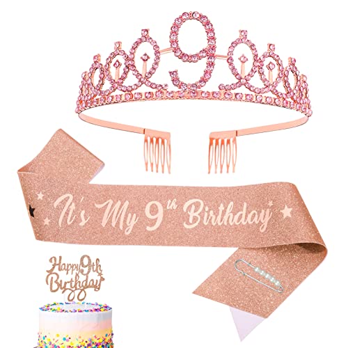 Heyu-Lotus 9.Geburtstagsschärpe und Geburtstagskrone Krone Tiara It's My 9th Birthday Schärpe Geburtstag Cupcake Topper für 9 Jahre Mädchen Geburtstagsgeschenk Geburtstag Deko (9th) von Heyu-Lotus