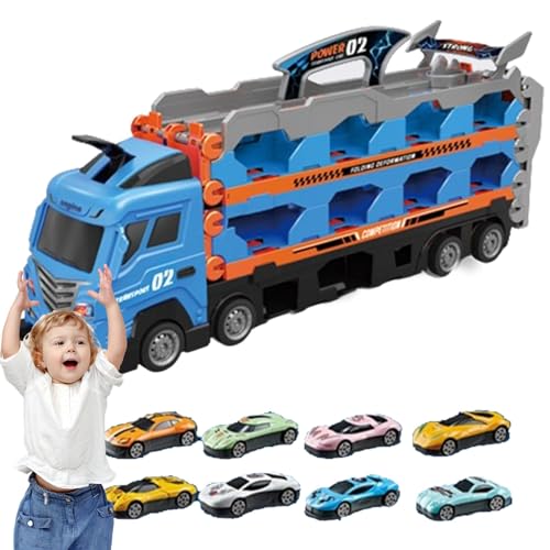 HgbfMij Autotransporter-Spielzeug-LKW, Autotransporter-Spielzeug, Tragbarer Autotransporter mit Raupenkette, Zusammenklappbare Aufbewahrungsrennbahn mit 8 Legierungsautos, Spielzeugautobahn-Set für von HgbfMij