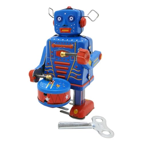 HgbfMij Retro Aufziehspielzeug, Aufziehroboter - Trommelnder Roboter zum Aufziehen - Blaues Uhrwerk-Spielzeug zum Sammeln, niedliches Schaukelspielzeug für Bücherregale, von HgbfMij