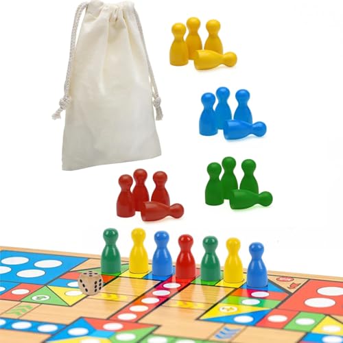 16 Stück Spielfiguren für Brettspiele Bunte Spielfiguren Bunte Halmakegel Holzpuppen Spielfiguren Spielfiguren aus Holz für Brettspiele 2 Würfel aus Holz für Brettspiele und 1 Aufbewahrungstasche von HhBdy