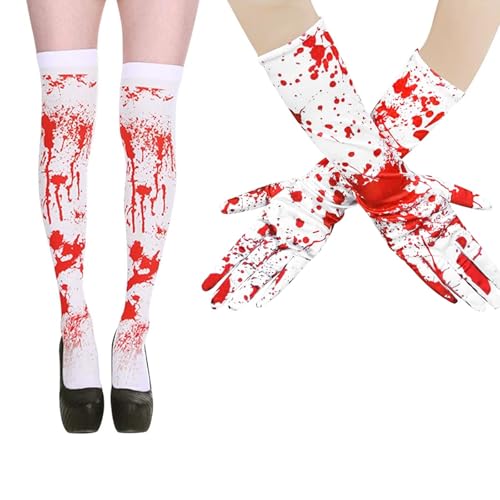 HhBdy 2 Stück Overknee Stockings und Handschuhe with Blood Splashes, Halloween Bloody Socks, Bloody Print, Bloody Stockings, Carnival, for Party, Cosplay, Costume Accessories von HhBdy