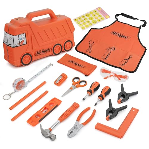 Hi-Spec 17-TLG. Kinderwerkzeugset: LKW Box in Orange, Schürze mit Taschen, Schutzbrille, Wasserwaage, kleine Werkzeuge, Sicherheitsschere. Nicht nur Spielwerkzeug - Echtes Werkzeug! von Hi-Spec