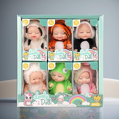 HiGropcore 4 Zoll Mini Reborn Babypuppen 6-teiliges Geschenkset, süßes kleines Babypuppenspielzeug mit Tierkleidung, kleine winzige Rebornpuppen geeignet für Kinder ab 3 Jahren (A) von HiGropcore