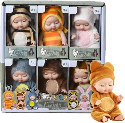 HiGropcore 4 Zoll Mini Reborn Babypuppen 6-teiliges Geschenkset, süßes kleines Babypuppenspielzeug mit Tierkleidung, kleine winzige Rebornpuppen geeignet für Kinder ab 3 Jahren (C) von HiGropcore