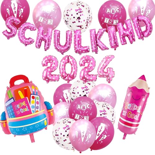 Einschulung Deko Mädchen, Schuleinführung Schulanfang Deko Set, 2024 Folienballon Banner, Schulkind Folienballon Banner und Pencil Schultüte Folienballons, Schulkind Einschulung deko für Mädchen von HiHK