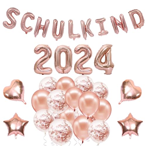 Einschulung Deko Set Junge Mädchen, Schulkind Deko Rosegold 2024, Deko Schulanfang mit SHULKIND Folienballon Girlande, 2024 Folienballon Girlande, Herz Stern Folienballon, Konfetti Luftballons von HiHK