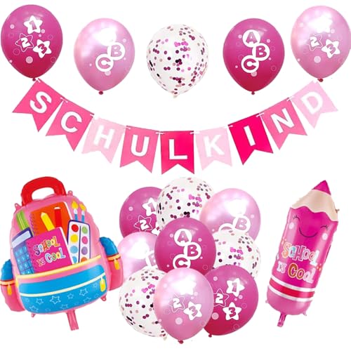 Schulkind Mädchen, Schulanfang Mädchen Deko, Einschulung Mädchen Deko, Pencil Schultüte Einschulung Deko Folienballons, Schulkind Girlande Schulanfang Konfetti Luftballons Set von HiHK