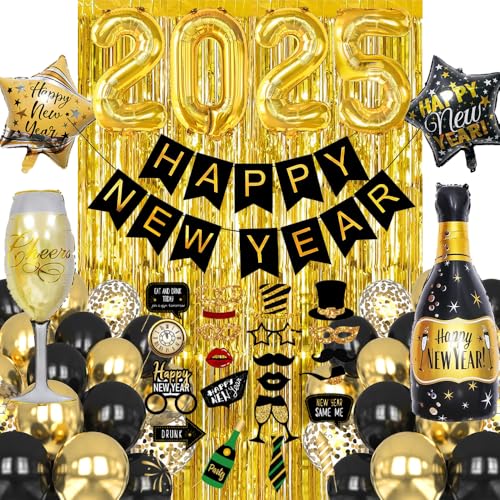 Silvester Deko 2025, Schwarz Gold 2025 Neujahr Deko Set mit Happy New Year Banner, XXL 2025 Ballon, Foto Requisiten, Fransenvorhang, Neujahr Luftballons für 2025 Neujahr Party Dekorationen von HiHK