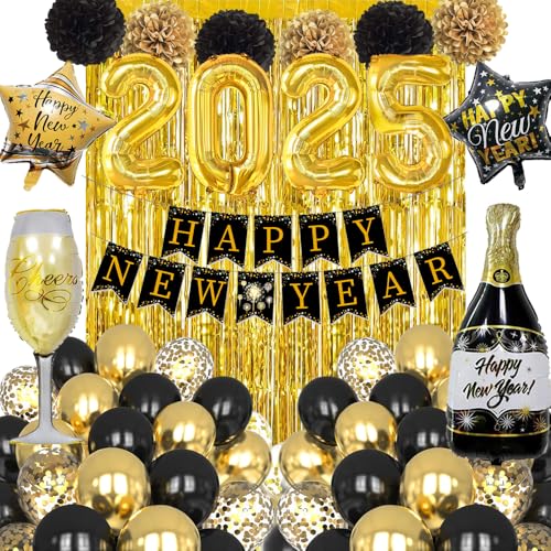 Silvester Deko 2025, Schwarz Gold 2025 Neujahr Deko Set mit Happy New Year Banner, XXL 2025 Ballon, Pom Poms, Fransenvorhang, Neujahr Luftballons für 2025 Neujahr Party Dekorationen von HiHK