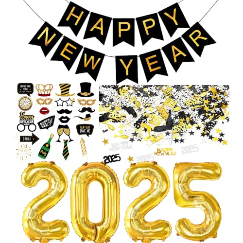 Silvester Deko 2025 Dekoration Set, Neujahr Silvesterdeko mit Happy New Year Girlande, Zahlen 2025 Folienballons, Fotorequisiten, Tischdeko Konfetti Neujahrsdeko Silvesterpartydeko Accessoire von HiHK