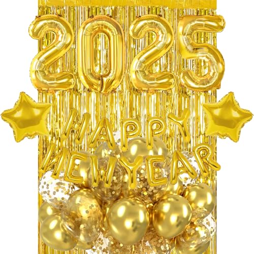 Silvester Deko 2025 Gold, Silvester 2025 Party Set, Happy New Year Deko 2025, XXL 2025 Folienballons, Happy New Year Ballon Girlande, Gold Lametta Vorhang Für Neujahr Silvester Party Dekorationen von HiHK