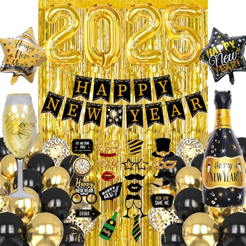 Silvester Deko 2025 Party Set, Neujahr Deko 2025 mit Happy New Year Girlande, Zahlen 2025 Folienballon, Fotorequisiten, Regenvorhang, Schwarz Gold Luftballons für Neujahr Party Silvesterpartydeko 2025 von HiHK