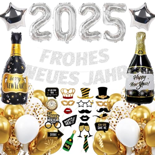 Silvester Deko 2025 Party Set Silber, Neujahr Silvesterdeko, FROHES NEUES JAHR Girlande, XXL 2025 Folienballon, Fotorequisiten, Folienballons, Luftballons für Silvester Neujahr 2025 Party Deko von HiHK