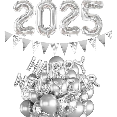 Silvester Deko 2025 Silber, Silvester 2025 Party Set, Happy New Year Deko 2025, 2025 Folienballon, Happy New Year Ballon Girlande, Silber Konfetti Luftballons Für Neujahr Deko 2025 Silvesterparty von HiHK