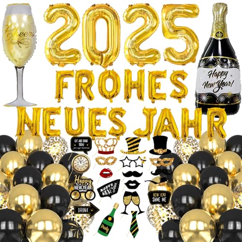 Silvester Deko Set 2025 Gold, New Year Decoration, XXL “FROHES NEUES JAHR” Folienballon Banner, Fotorequisiten, Champagnerflaschen-Folienballons, Luftballons zur Silvester Neujahr 2025 Party Deko von HiHK