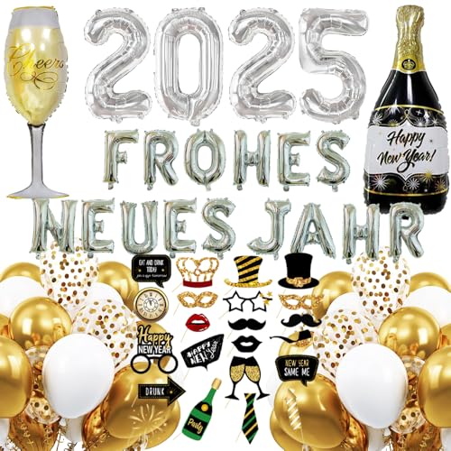 Silvester Deko Set 2025 Silber, New Year Decoration, XXL “FROHES NEUES JAHR” Folienballon Banner, Fotorequisiten, Champagnerflaschen-Folienballons, Luftballons zur Silvester Neujahr 2025 Party Deko von HiHK