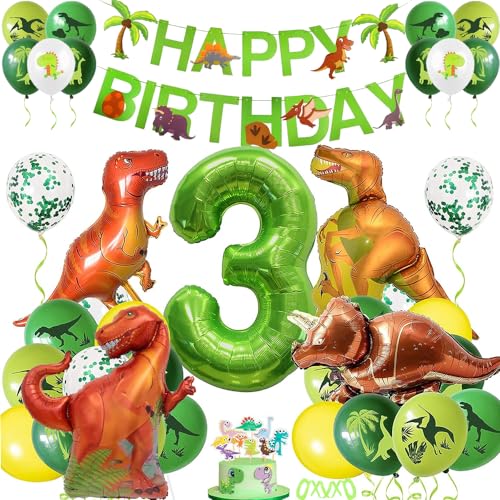 XXL Dino Kindergeburtstag Deko, Luftballon 3. Geburtstag Grün, Dinosaurier Geburtstagsdeko 3 Jahr Jungen, Folienballon Zahlenballon 3 für Dinosaurier Party Dekoration Dschungel Kinder von HiHK