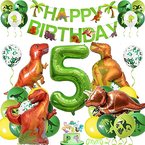 XXL Dino Kindergeburtstag Deko, Luftballon 5. Geburtstag Grün, Dinosaurier Geburtstagsdeko 5 Jahr Jungen, Folienballon Zahlenballon 5 für Dinosaurier Party Dekoration Dschungel Kinder von HiHK