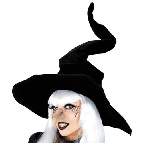 Halloween Hexenhut, Hexenhut Damen Schwarz, Zauberhut Erwachsene Trick, Gebogener Spitzer Gerüschter Hexenhut, Halloween Kostüm Hexenhut, Verdrehter Cosplay Zaubererhut Für Halloween-Party Maskerade von Hiemible