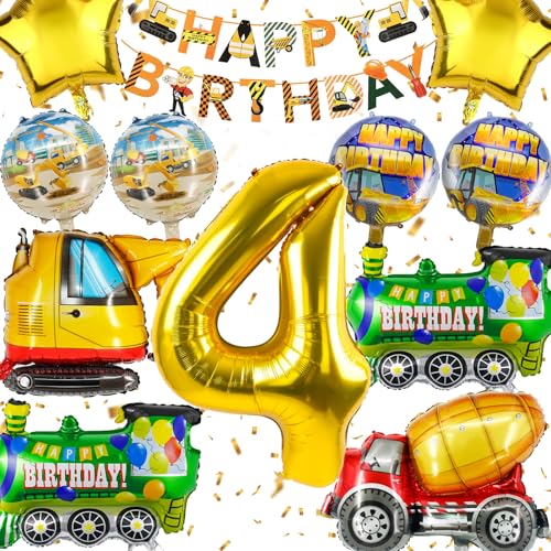 Hierein Baustellen Geburtstagdeko Junge 4 Jahre, 12 Pcs XXL Bagger Deko Geburtstag, Bagger Luftballons Kindergeburtstag Deko mit Happy Birthday Banner für Kinder Jungen Mädchen, Party Dekoration von Hierein