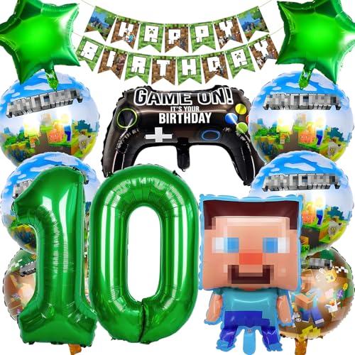 Hierein Geburtstagsdeko 10 Jahre Jungen, 12 Stück Mine-Craft Kindergeburtstag Deko Ballon, Miner Gamer Luftballons Deko Geburtstag für 10 Jahre Kinder Jungen, Party Deko Folienballon Set von Hierein