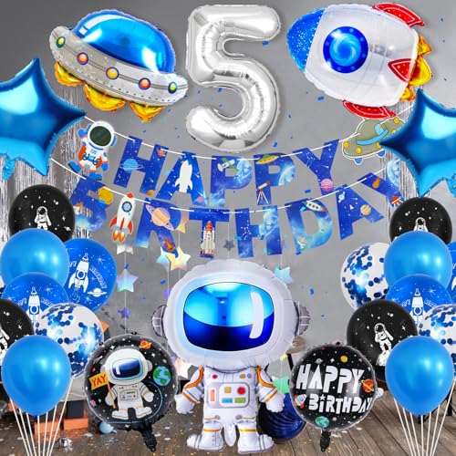 Hierein Geburtstagsdeko Jungen, XXL Weltraum Ballons Kindergeburtstag Deko 5 Jahre mit Banner, 25 Stück Astronaut Folienballon Deko Geburtstag für 5 Jahre Geburtstag Junge Kinder, Astronauten Party von Hierein