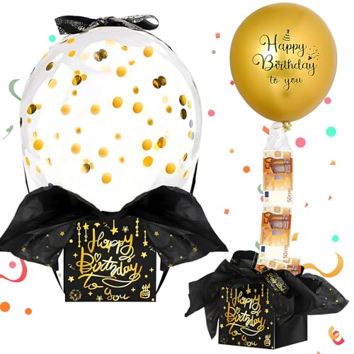 Hierein Geldgeschenke Geburtstag Mystery Box mit Luftballons, 46 Pcs Schwarzes Gold Personalisierte Geschenke Überraschungsbox, DIY Geschenkbox Geburtstag Geschenkverpackung für Familie und Freunde von Hierein