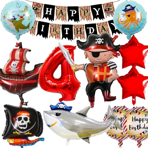 Hierein Piraten Kindergeburtstag 4 Jahre, 12 Stück Piraten Deko Kindergeburtstag Luftballons, XXL Piratenschiff Folienballon Geburtstag Deko für 4 Jahre Geburtstag Junge Kinder, Party Deko von Hierein