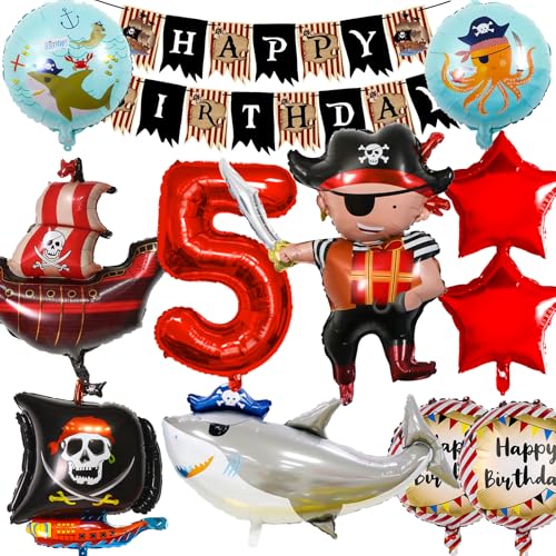 Hierein Piraten Geburtstag Deko 5 Jahre, XXL Piraten Kindergeburtstag Luftballons, 12 Stück Piratenschiff Ballons Deko Kindergeburtstag mit Happy Birthday Banner für 5 Jahre Geburtstag Kinder Jungen von Hierein