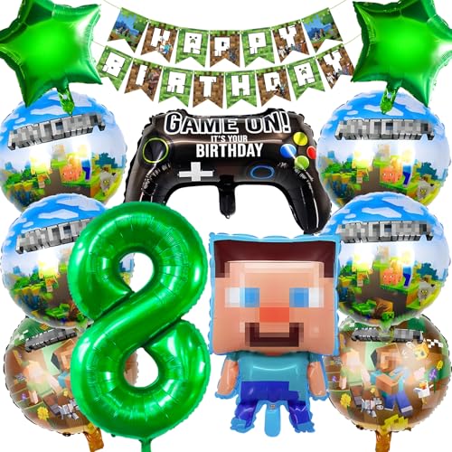 Hierein Mine-Craft Geburtstagsdeko 8 Jahre, 12 Pcs Miner Gamer Ballons Deko Geburtstag, Pixel Videospiel Luftballons Kindergeburtstag Deko für Kinder Jungen Mädchen, Party Deko Geburtstag von Hierein