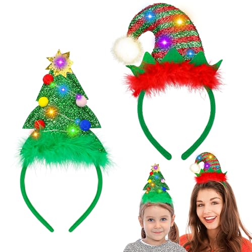 2 Stück Haarreif Weihnachten Erwachsene Kinder,LED Haarreifen Weihnachten Weihnachtsbaum y Elfenhut Weihnachts Kopfschmuck Haarschmuck für Weihnachten Kostüme Zubehör Cosplay Karneval Party von Hifot