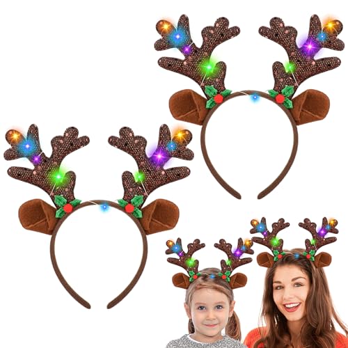 2 Stück Rentier Haarreif LED Erwachsene Kinder,Geweih Haarreif Haarreifen Weihnachten Reh Haarreif Weihnachts Accessoires Led Haarschmuck für Weihnachten Kostüme Zubehör Cosplay Karneval Party von Hifot