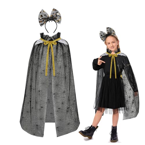 2STK Halloween Spinnenkostüm für Kinder, Spinnen Kostüm Kinder mit Schwarzer Umhang Spinnennetz Spinnen Haarreif, Spinnennetz Umhang Spinnenkostüm Halloween Kostüme Kinder für Halloween Cosplay Party von Hifot