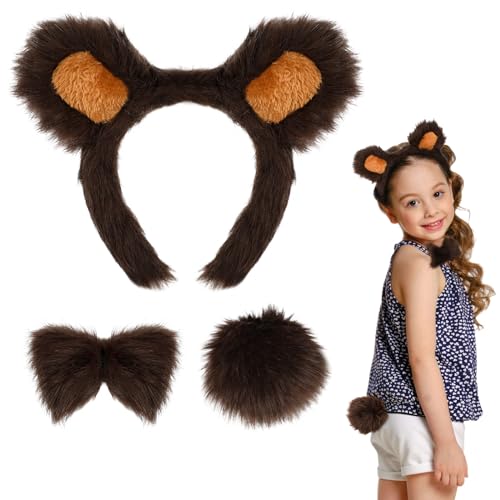 3 Stk Bären Kostüm Zubehör, Bären Ohren Haarreif und Schwanz Fliege Set, Furry Bär Verkleidung Outfit Tier Kostüm Zubehör für Kinder Erwachsene für Cosplay Halloween Karneval Geburtstag Thema Party von Hifot